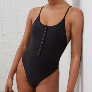 UpWest Henley snap front,high cut thigh,removable pads, thin straps 1 piece swim